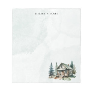 Rustic Watercolor Cabin Green Forest Personalized Notepad