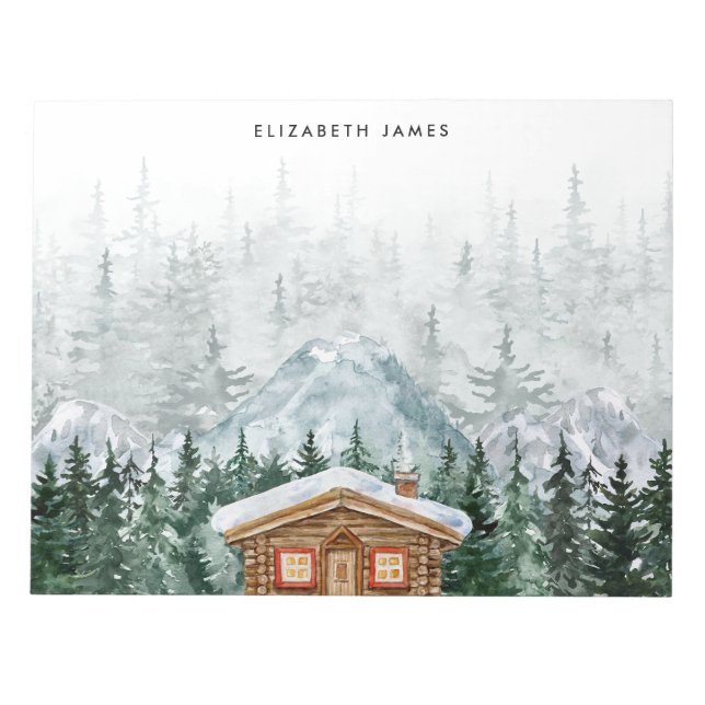 Rustic Watercolor Cabin Green Forest Personalized Notepad (Front)