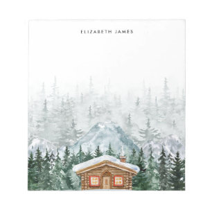 Rustic Watercolor Cabin Green Forest Personalized  Notepad