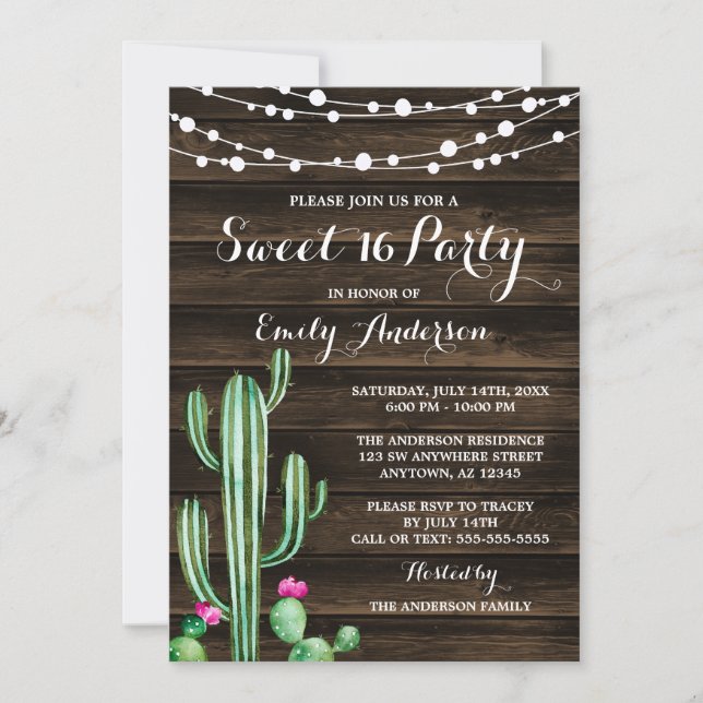 Rustic Watercolor Cactus Barn Wood Sweet 16 Invitation (Front)