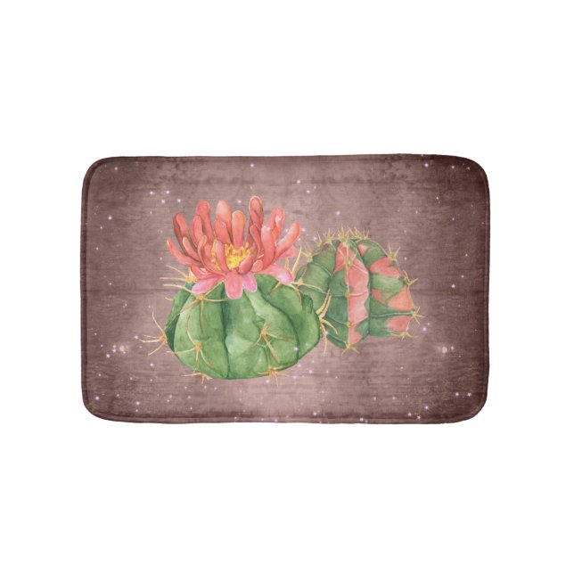 Rustic Watercolor Cactus Orange Flower Bath Mat (Front)