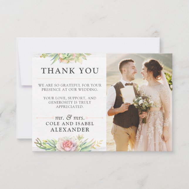 Rustic Watercolor Cactus Wedding Thank You Photo Card (Front)