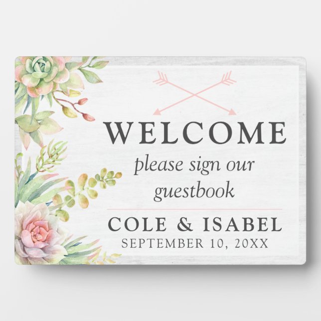 Rustic Watercolor Cactus Welcome Wedding Guestbook Plaque (Front)