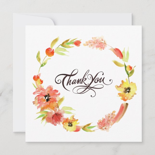 Rustic Watercolor Chic Floral Wreath Thank You  (Front)