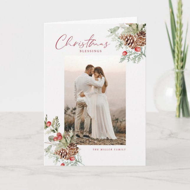 Rustic Watercolor Christmas Blessings Photo Card (Front)