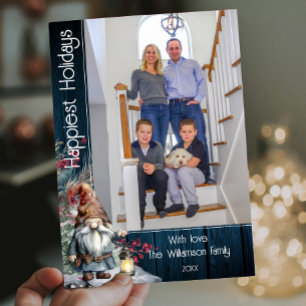 Rustic Watercolor Christmas Gnome   Blue Photo Holiday Card