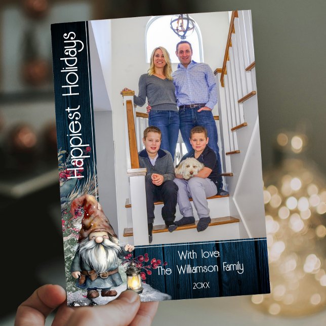 Rustic Watercolor Christmas Gnome | Blue Photo Holiday Card (Blue Rustic Watercolor Christmas Gnome Photo Holiday Card)