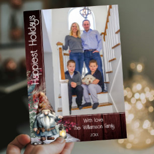 Rustic Watercolor Christmas Gnome - Red Photo Holiday Card