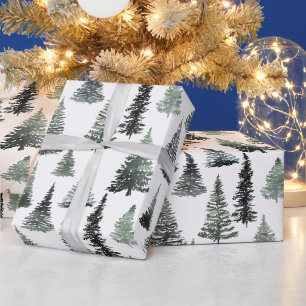 Rustic Watercolor Christmas Green Pine Tree  Wrapping Paper