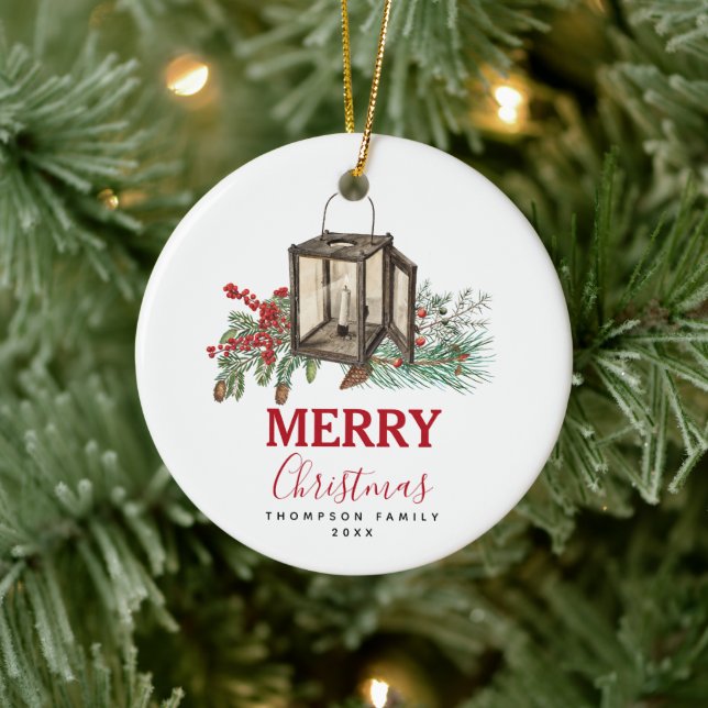 Rustic Watercolor Christmas Lantern Pine Berries Ceramic Ornament (Tree)