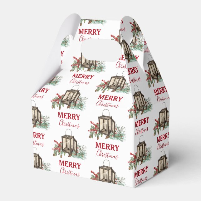 Rustic Watercolor Christmas Lantern Pine Berries Favor Box (Front Side)