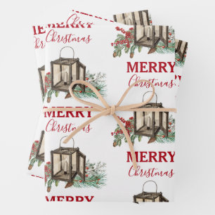 Rustic Watercolor Christmas Lantern Pine Berries Wrapping Paper Sheet