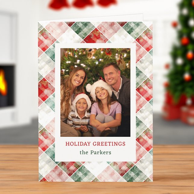 Rustic Watercolor Christmas Plaid Photo Holiday Card (Creator Uploaded)
