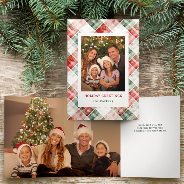 Rustic Watercolor Christmas Plaid Photo Tri-Fold Card (Creator Uploaded)