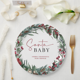 Rustic Watercolor Christmas Santa Baby Shower Paper Plate