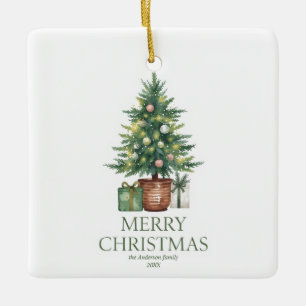 Rustic Watercolor Christmas Tree Non-Photo Ceramic Ornament
