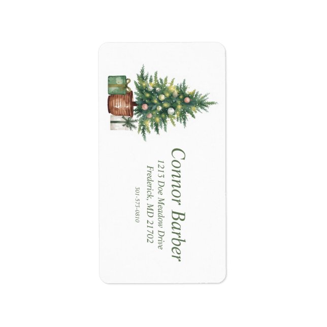 Rustic Watercolor Christmas Tree Non-Photo Label (Front)