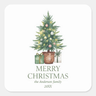 Rustic Watercolor Christmas Tree Non-Photo Square Sticker