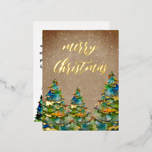 Rustic Watercolor Christmas Tree Snowflakes Gold Foil Holiday Postcard