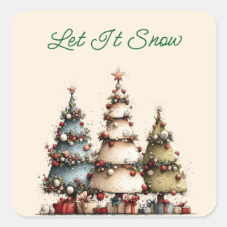Rustic Watercolor Christmas Trees Let It Snow  Square Sticker