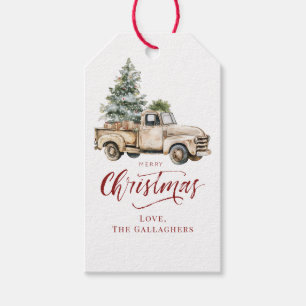 Rustic Watercolor Christmas Truck Vintage Holiday Gift Tags