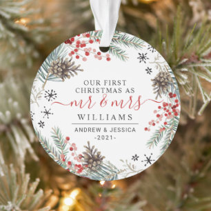 Rustic Watercolor Christmas Wreath   Mr. & Mrs. Ornament