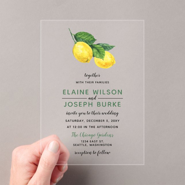 Rustic Watercolor Citrus Lemon Wedding Acrylic Invitations (Insitu (Handheld))