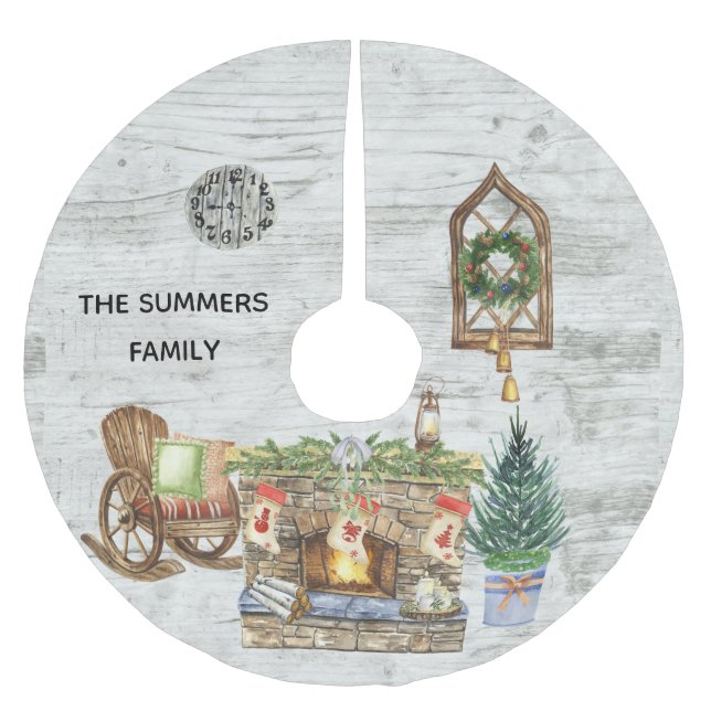 Rustic Watercolor Country Christmas Farmhouse Brushed Polyester Tree Skirt (Front)