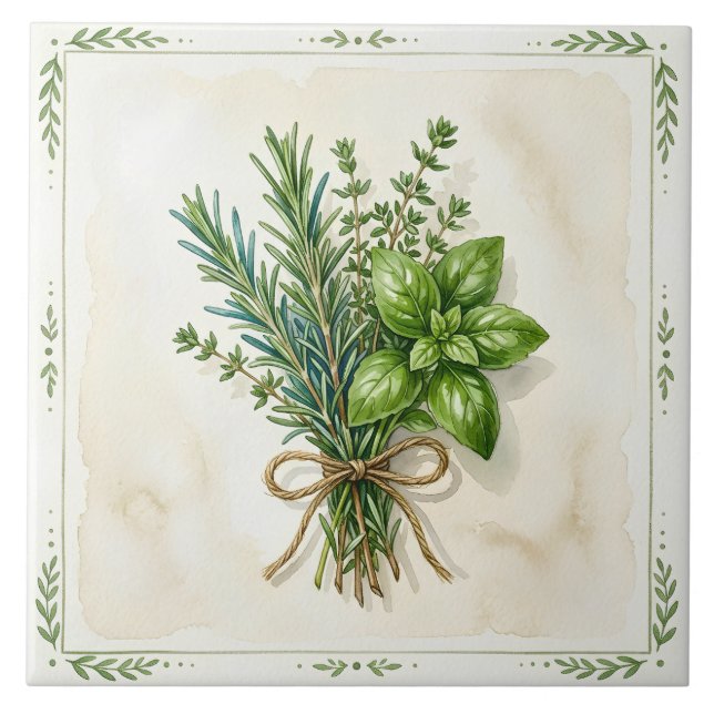 Rustic Watercolor Culinary Herbs Tile (Front)