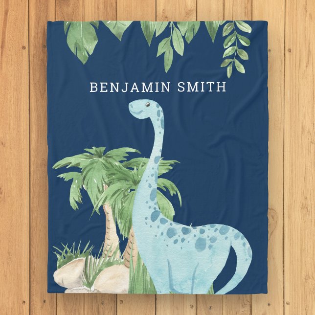 Rustic Watercolor Cute Dinosaur Personalized Navy Fleece Blanket (Creator Uploaded)