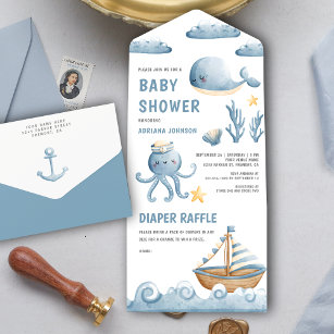 Rustic Watercolor Cute Nautical Boat Baby Shower All In One Invitation