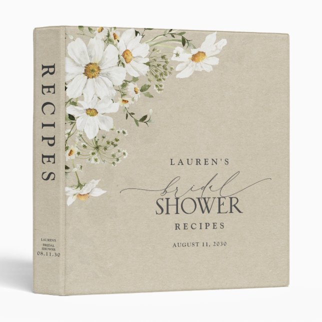 Rustic Watercolor Daisy Bridal Shower Recipe Binder (Front/Spine)