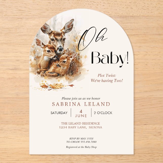 Rustic Watercolor Deer and Twin Fawns Acrylic Invitations (Front)