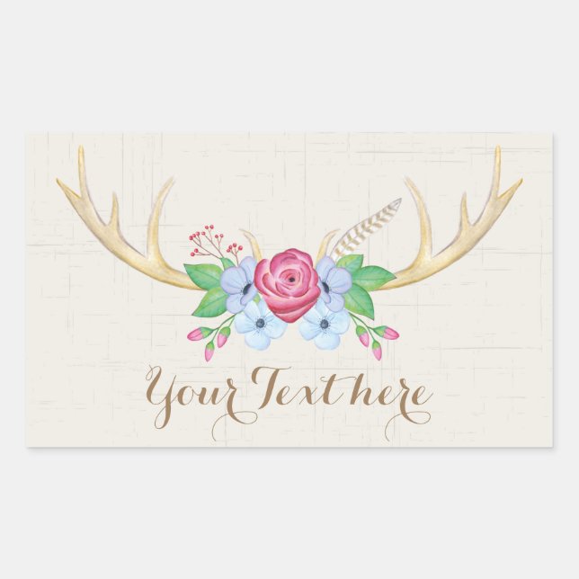 Rustic Watercolor Deer Antlers with Flowers Sticker (Front)