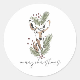 Rustic Watercolor Deer Merry Christmas Classic Round Sticker