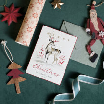 Rustic Watercolor Deer & Red Berries Christmas