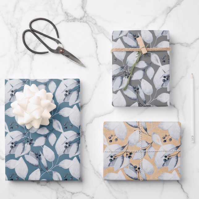 Rustic Watercolor Dusty Blue Leaves Winter Wrapping Paper Sheet (Front)