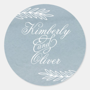 Rustic Watercolor Dusty Blue Nature Leafy Wedding Classic Round Sticker