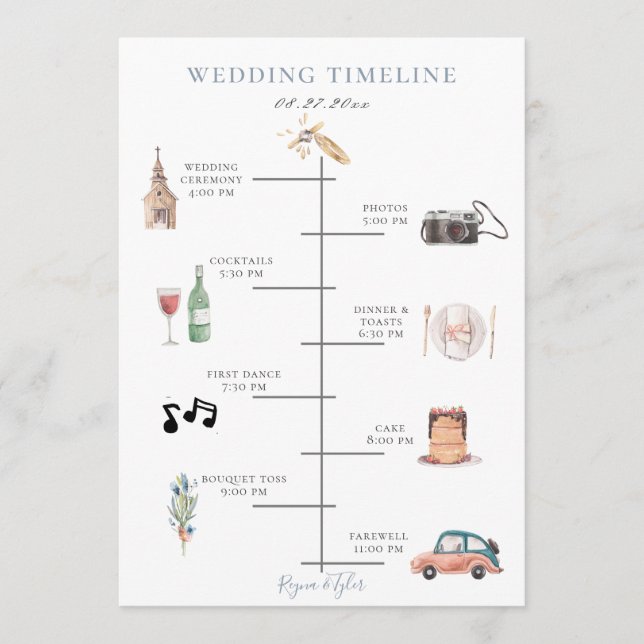 Rustic Watercolor Dusty Blue Wedding Timeline Program (Front)