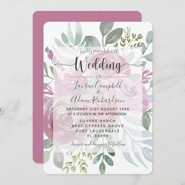 Rustic Watercolor Dusty Rose Floral Wedding Invitation (Front/Back)
