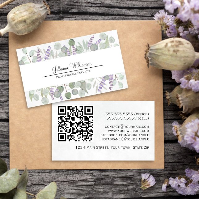Rustic Watercolor Eucalyptus and Lavender QR Code Business Card (Front/Back)