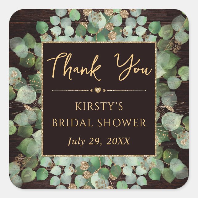 Rustic Watercolor Eucalyptus Foliage Bridal Shower Square Sticker (Front)