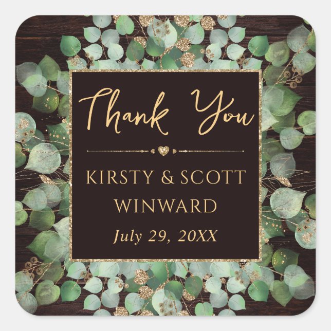 Rustic Watercolor Eucalyptus Foliage Wedding Square Sticker (Front)
