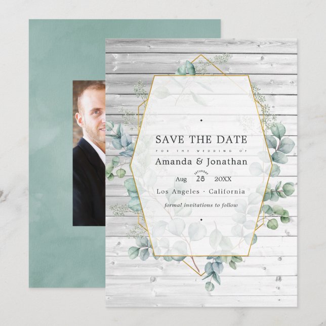Rustic Watercolor Eucalyptus Geometric Wedding Save The Date (Front/Back)