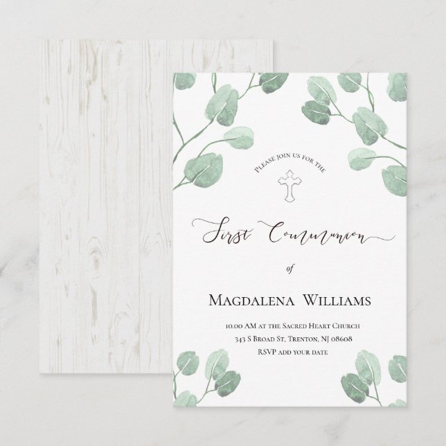rustic watercolor eucalyptus greenery Communion Invitation (Front/Back)