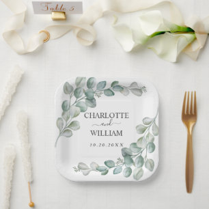 Rustic Watercolor Eucalyptus Greenery Wedding Paper Plate