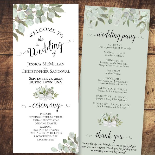 Rustic Watercolor Eucalyptus & Greenery Wedding Program (Front/Back)