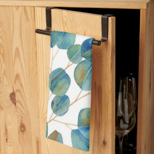 Rustic Watercolor Eucalyptus Leaves   Kitchen Towel
