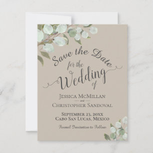Rustic Watercolor Eucalyptus Leaves Tan Wedding Save The Date