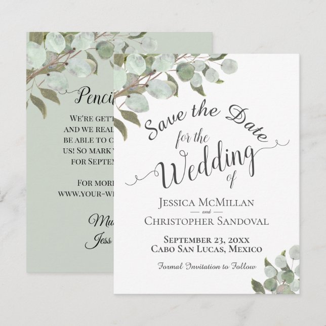 Rustic Watercolor Eucalyptus Leaves White Wedding Save The Date (Front/Back)